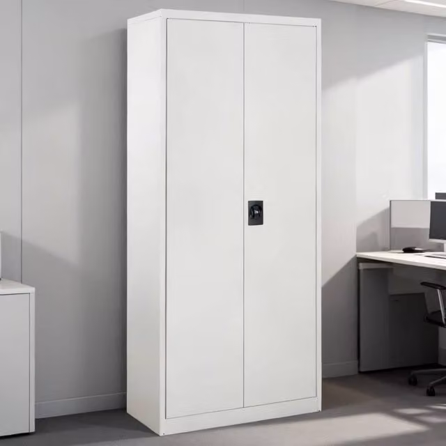 ERGOVEXA Tall Lockable Metal Office Filing Cabinet with Hinged Doors and Adjustable Shelves, White, H 175 x W 40 x D 40 cm