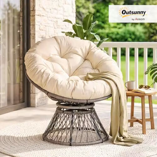 Outsunny 360 Swivel Rattan Moon Bowl Chair with Padded Cushion in Beige or Grey – 2