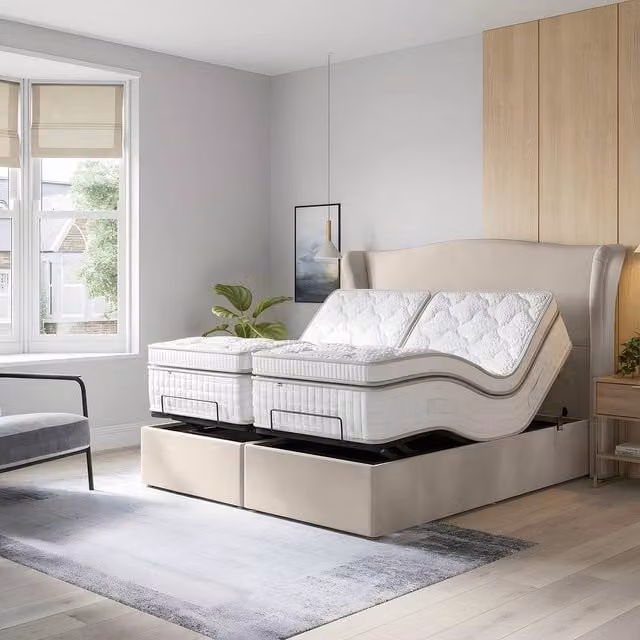Paradise Beds Ltd Orthopaedic Electric Adjustable Bed Set with Mattress and Headboard in Beige and Silver, Size: Super King (W/D: 200 x 200 cm)