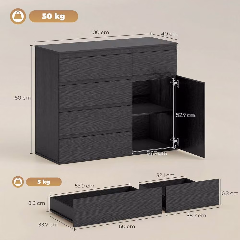 HOMCOM Modern Black 5-Drawer Chest of Drawers with Soft-Close Drawers and Cabinet – 3
