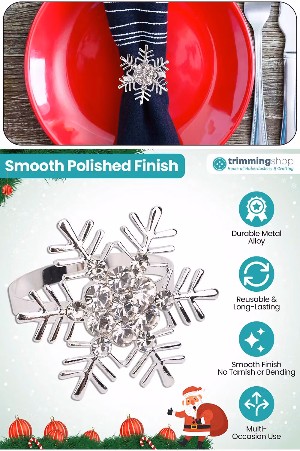Neel Blue Silver Snowflake Napkin Rings with Diamante Rhinestones – 2