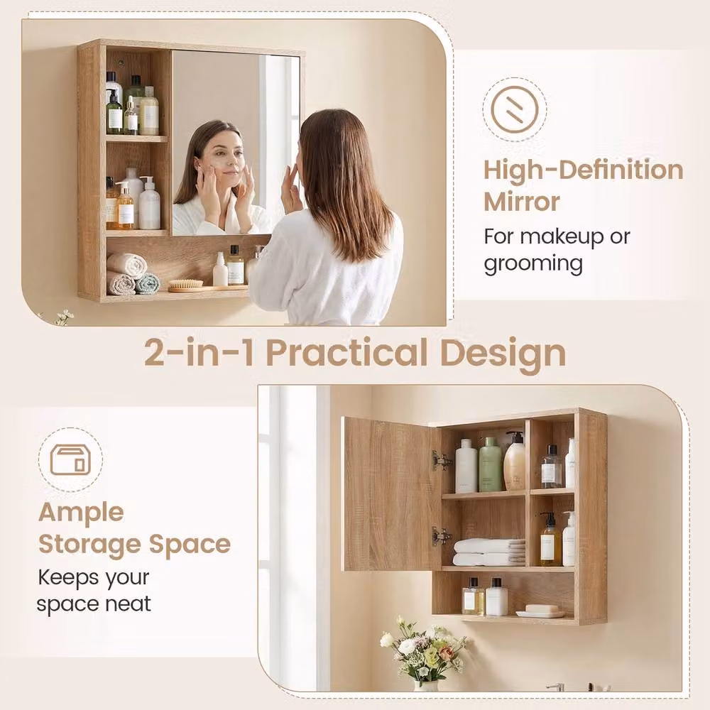Gymax Modern Wall Mounted Medicine Cabinet with Mirror and Glass Doors in Beige – 4