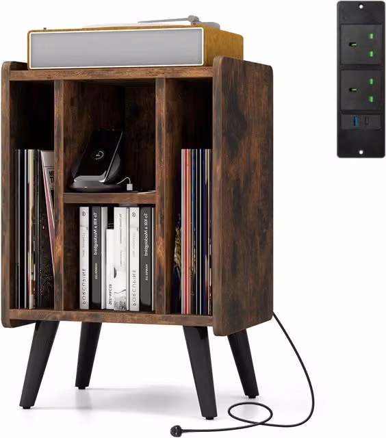 COSTWAY Mid-Century Brown Wood Record Player Stand and Vinyl Storage Unit with Back Panel