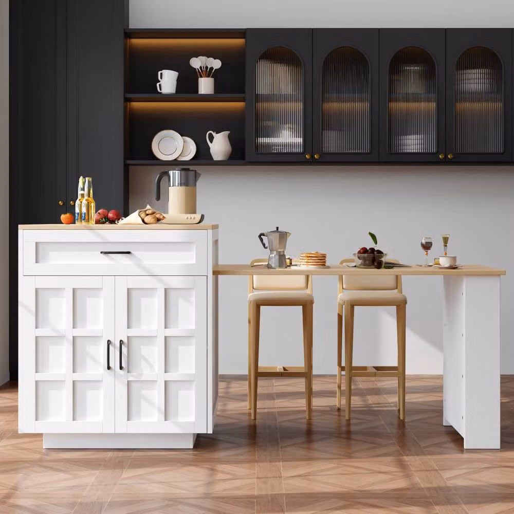 ModernLuxe Extendable Kitchen Island Bar Table with Storage and Drawers in White – 2