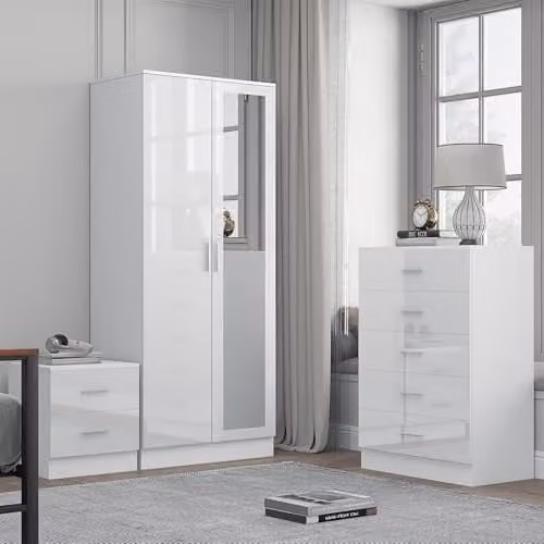 Reflect Modern Bedroom Furniture Set in White Gloss and Matt White Finish, including 2 Door Mirror Wardrobe, 5 Drawer Tallboy Chest and 2 Drawer Bedside Table