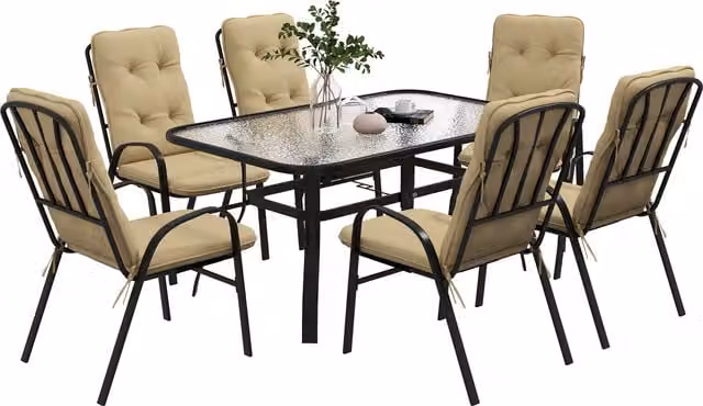 Outsunny 7-Piece Garden Dining Set with Tempered Glass Rectangular Table and 6 Texteline Chairs with Cushions, Beige