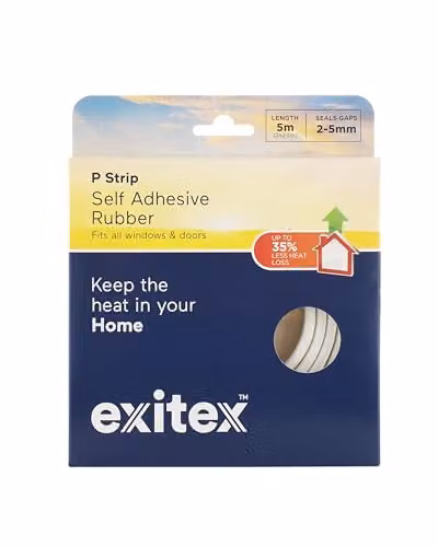 Exitex Self Adhesive P Strip Draught Excluder, 5m EPDM Rubber Weather Seal for Doors and Windows in White – 1