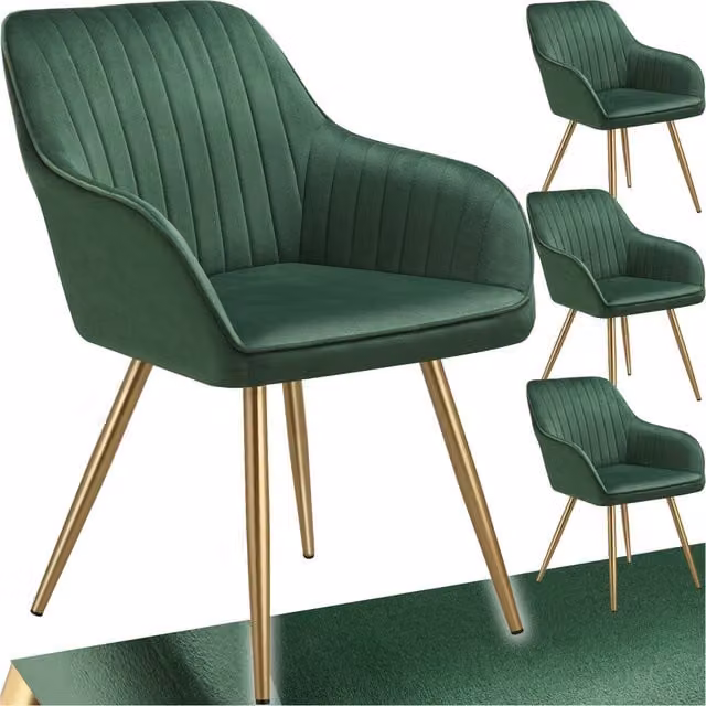 Tectake Marilyn Dining Chair Set of 4 in Green Velvet with Gold Metal Legs