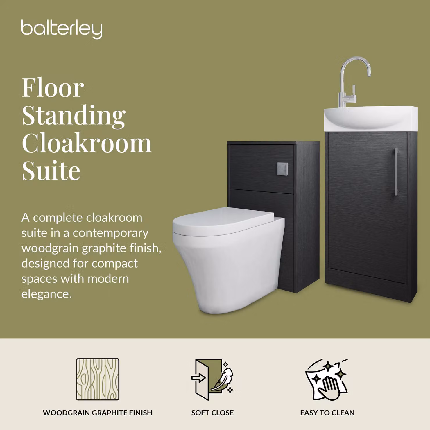 Balterley Right Hand Cloakroom Suite with Vanity, WC, and Tap Set in Matt Grey, Width: 44 cm – 2