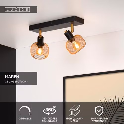 Lucide Maren Retro Dimmable Twin Ceiling Spotlight in Gold/Brass with 2 x E14 Sockets – 2