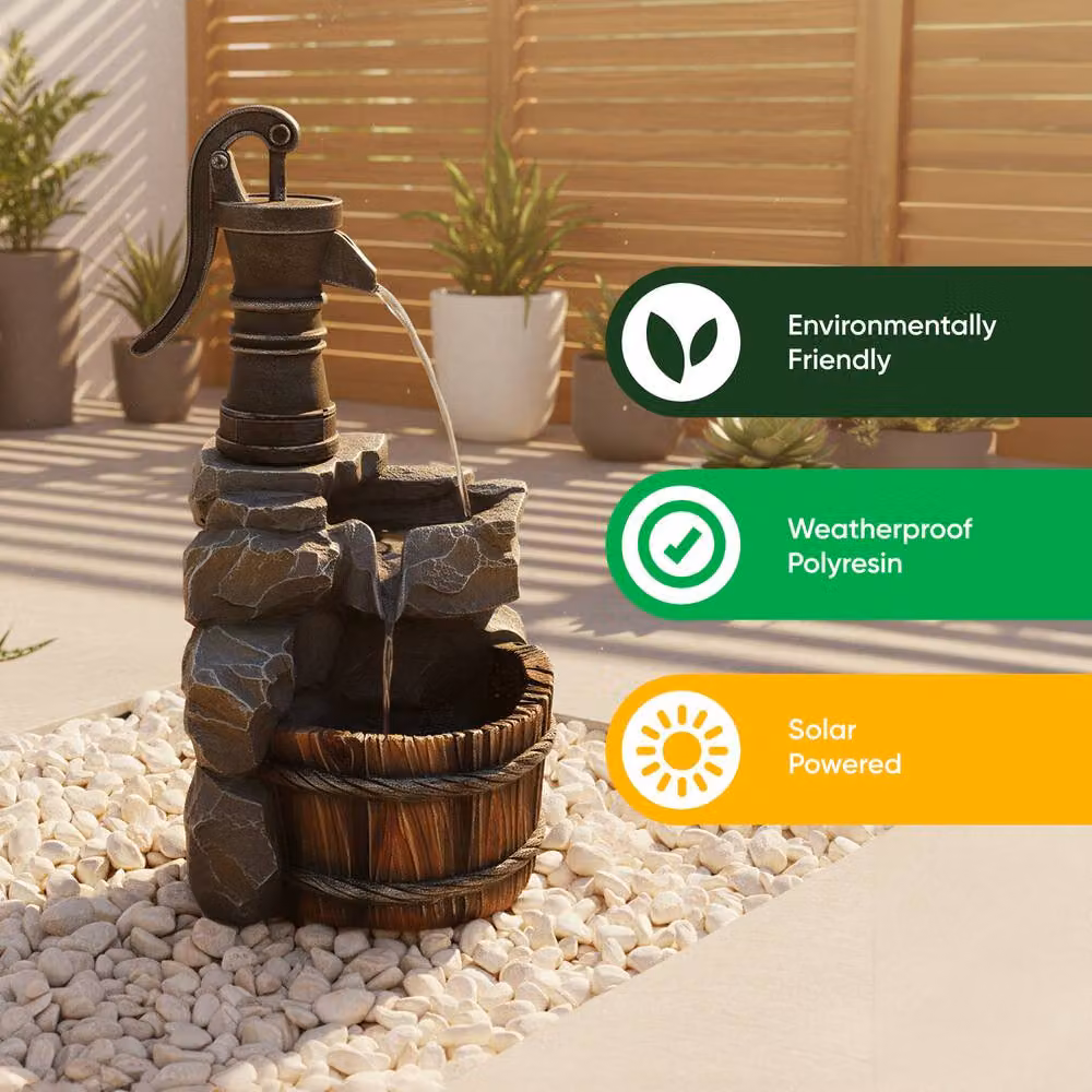 Gardenwize Solar Hand Pump Well Water Feature with Battery Back Up in Grey – 4