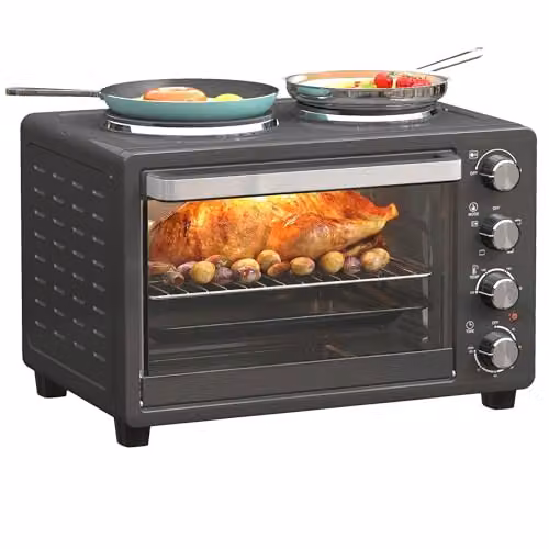 HOMCOM 28L Toaster Oven with Double Hotplate and Grill, 1600W, Black – 1