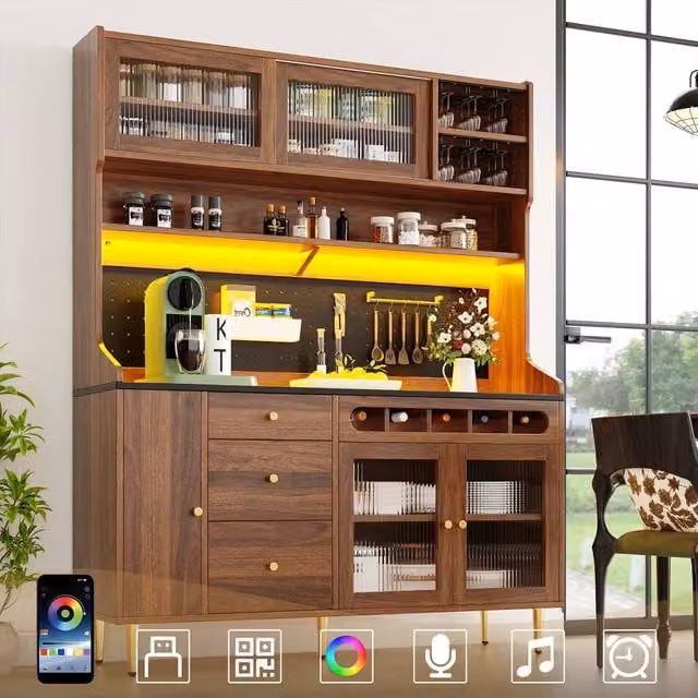 Rolipo Modern Walnut Highboard with Integrated LED Lighting, Glass Sliding Doors and Wine Rack in Brown Matt Finish