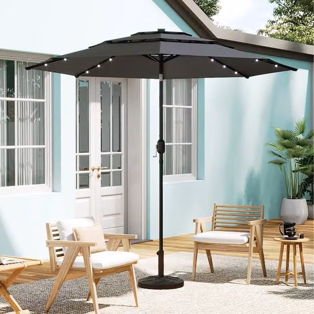 Komore Solar-Powered LED Lighting Parasol in Dark Grey and Black with Metal and Polyester Construction