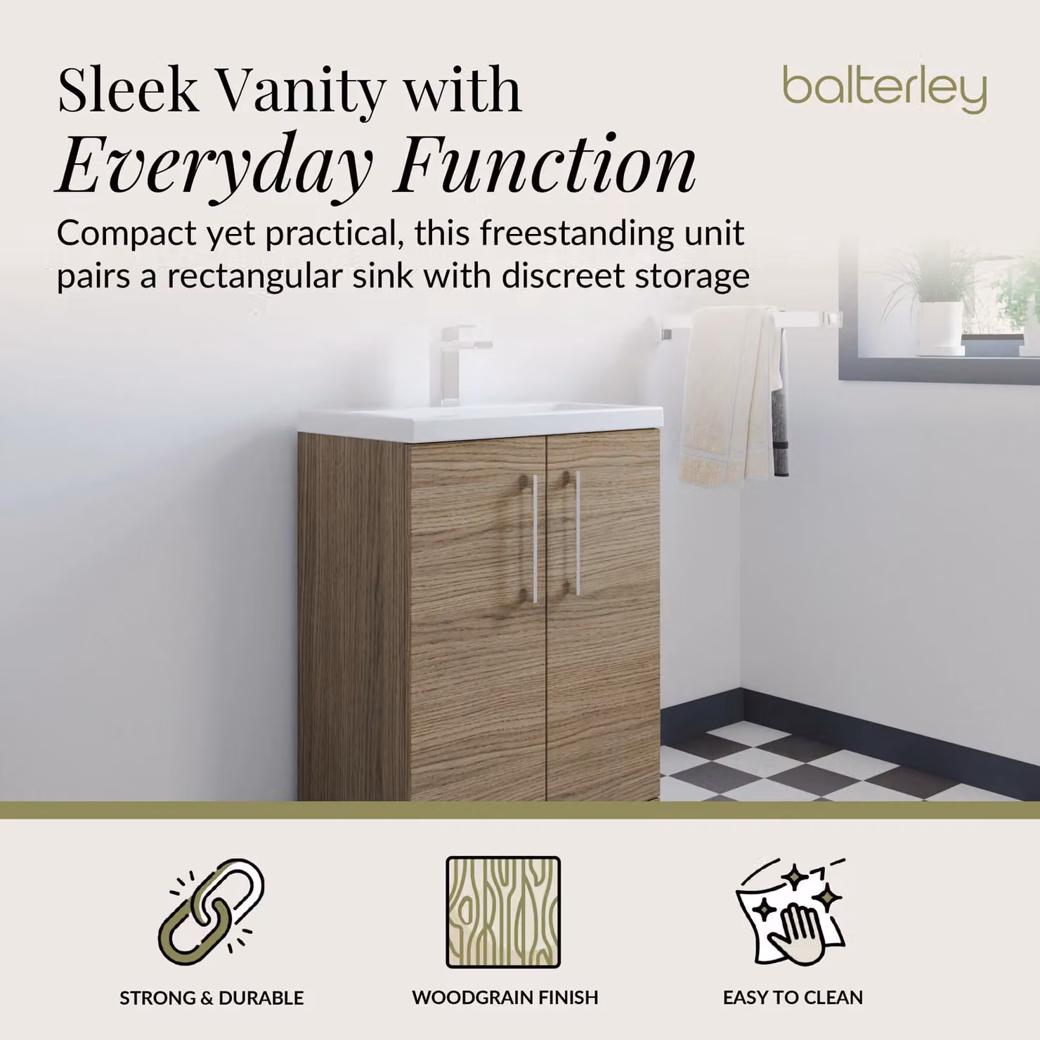 Balterley Modern Mid Oak Brown Freestanding Bathroom Vanity Basin Unit with Soft Close Doors and Chrome Handles, Width: 60 cm – 2