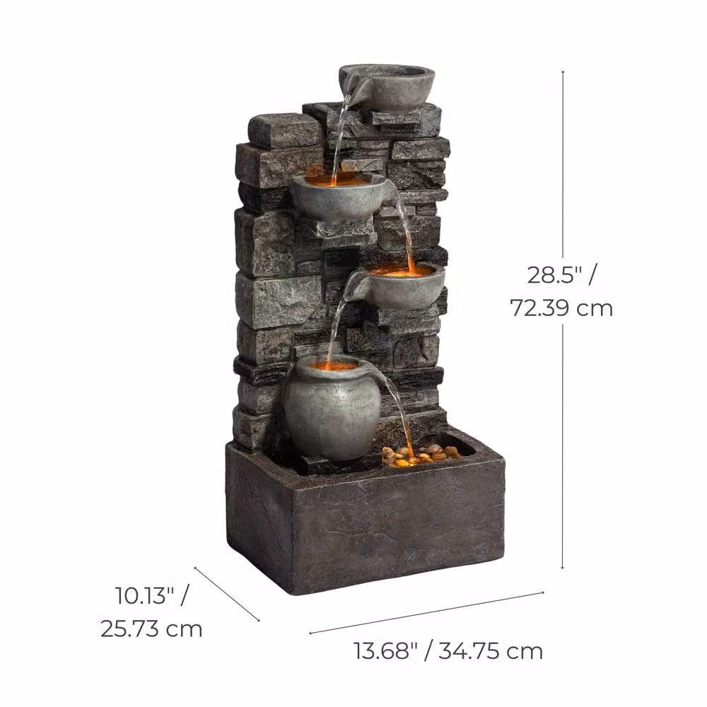 Teamson Home Grey 4-Tier Stacked Stone Cascading Outdoor Water Fountain with LED Lights, Height: 72.3 cm – 4