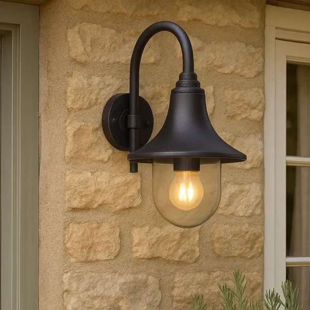 CGC Dinah Black Traditional Curved Hooked Outdoor Wall Lantern with Shatterproof Polycarbonate and Metal Construction, IP44 Rated
