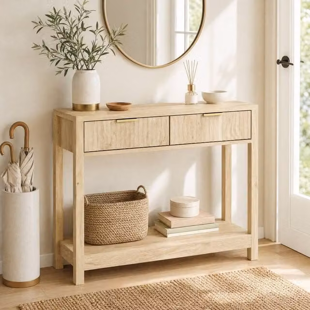 STILVORA Scandinavian Style Console Table with 2 Drawers and Shelf in Brown Wood Finish – 1