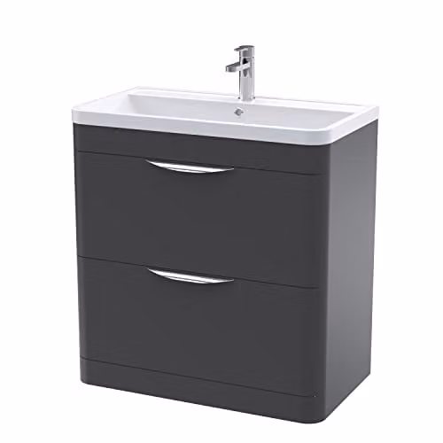 nuie Parade Modern 2 Drawer Bathroom Floor Standing Vanity Basin Cabinet with Polymarble Basin, Satin Anthracite, W: 80.0 cm, D: 44.5 cm, H: 79.6 cm – 1