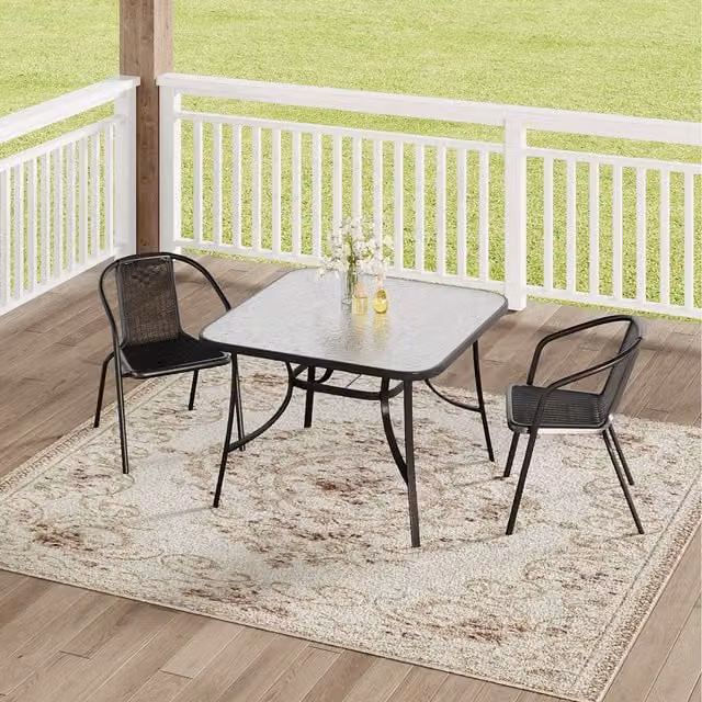 Komore Black Rattan Garden Table and Three Chairs Set with Glass Top