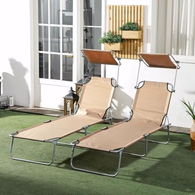 OUTSUNNY Set of 2 Folding Sun Loungers with Sun Canopy and Adjustable Headrest in Sand – 1