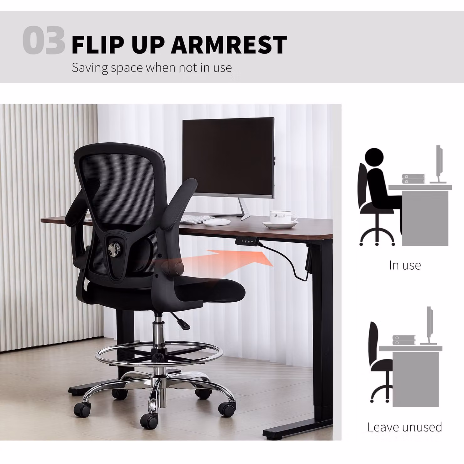 HOMCOM Black Fabric Draughtsman Chair with Adjustable Lumbar, Foot Ring and Castors, W/D/H: 53.0 x 53.0 x 120.0 cm – 5
