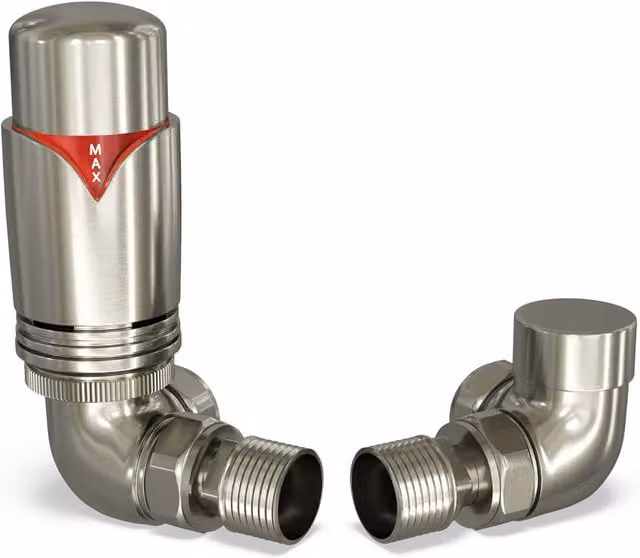 Derry Bold Thermostatic Radiator Valve and Lockshield Straight Set in Silver Nickel and White