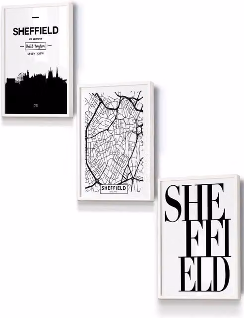 ARTZE Sheffield Skyline Street Map City Print Framed Wall Art, White, W: 33 cm, H: 45 cm, D: 2 cm