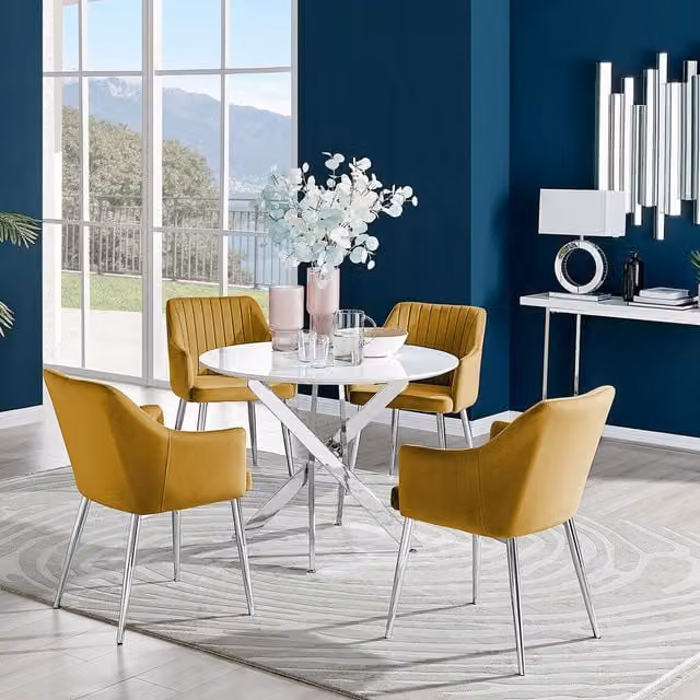 FurnitureboxUK Novara Round White High Gloss Glass Dining Table with 4 Mustard Velvet Chairs and Silver Metal Legs