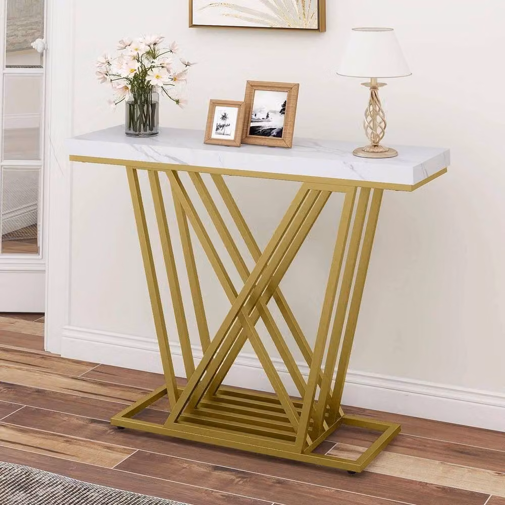 KORVIXA Modern Rectangular Console Table with Faux Marble Top and Gold Metal X-Frame, White, W: 100 cm, D: 30 cm, H: 81 cm – 2