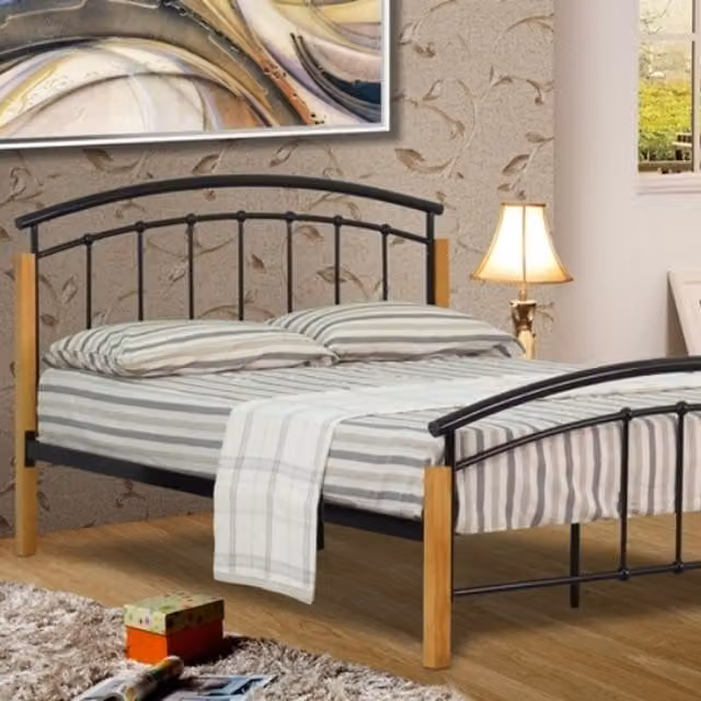 Comfy Living Modern Black Metal and Wood Bed Frame, W: 180 cm, D: 200 cm