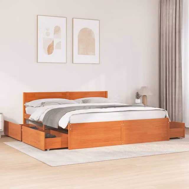 Berkfield Home Super King Solid Wood Pine Bed Frame in Wax Brown, W/D/H: 180 x 200 cm