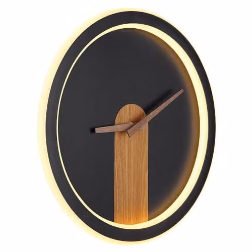 Globo Lighting Sussy LED Wall Clock Lamp in Matt Black and Wood, Warm White 3000K, D 31 cm