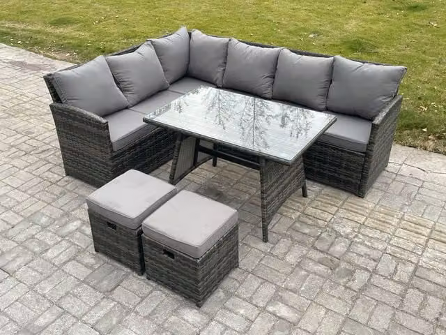 Fimous 8 Seater Wicker Rattan Garden Furniture Corner Sofa Set with Oblong Dining Table and 2 Small Footstools in Dark Grey