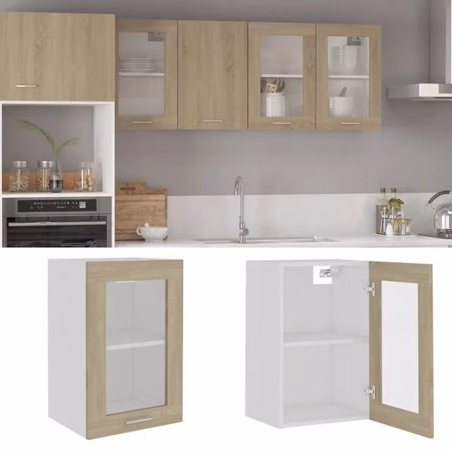 Berkfield Home Sonoma Oak Hanging Glass Cabinet in Brown, W/D/H: 40 x 31 x 60 cm