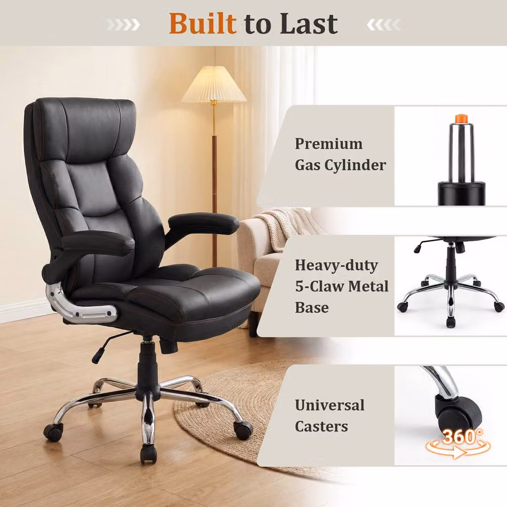 Gymax Ergonomic PU Leather Office Chair in Black with Armrests and 360 Degree Swivel – 6