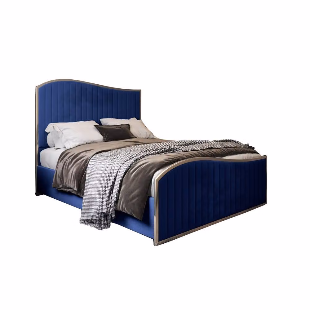 Casani Totternhoe King Size Upholstered Velvet Bed Frame in Blue with Metal Details, W/D/H: 180 x 200 cm – 3