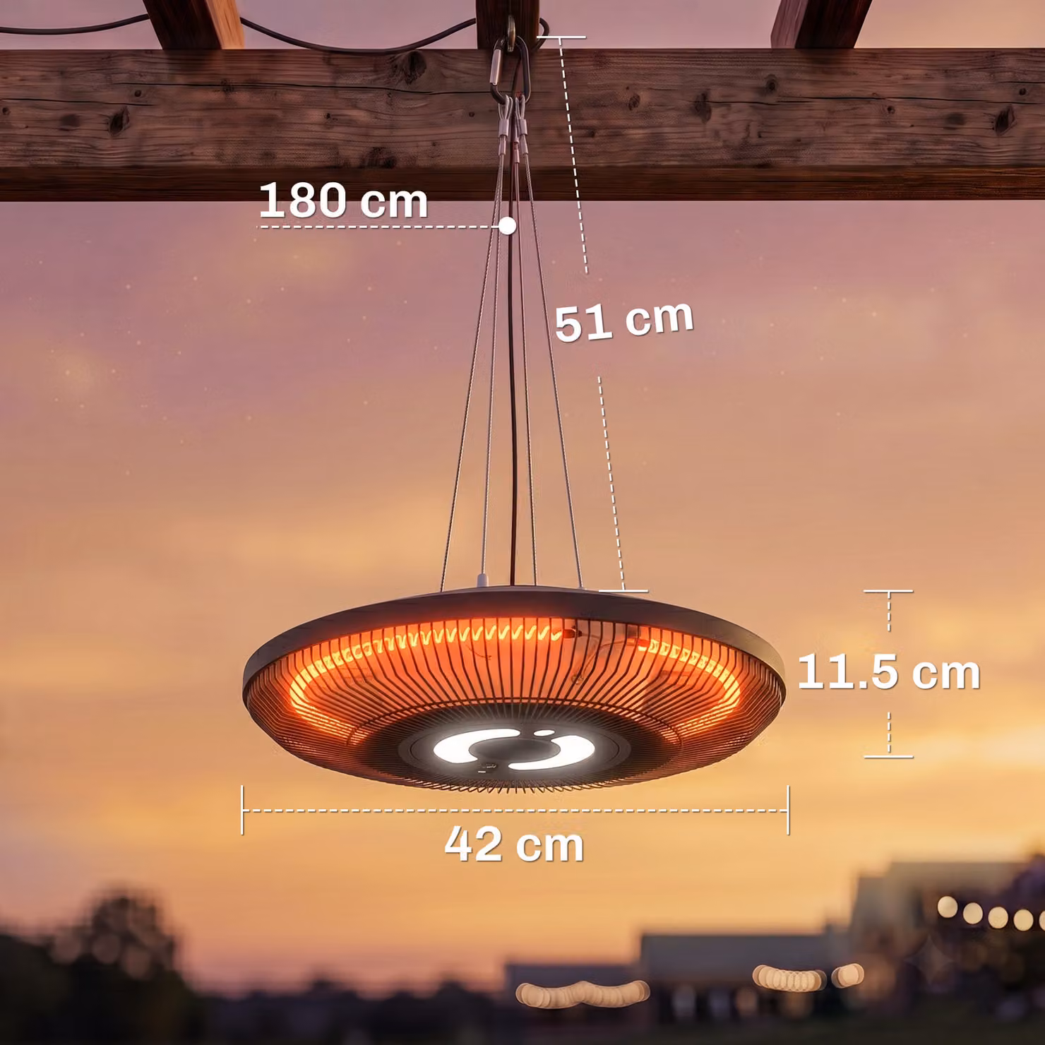 Outsunny Hanging Electric Patio Heater with LED Light, 2000 W IP65 Outdoor Infrared Heater, Black – 5