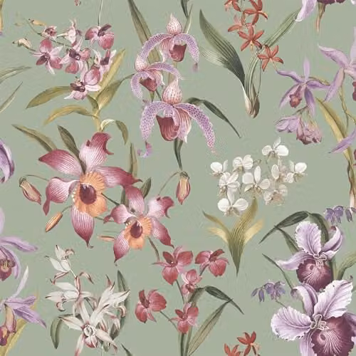 Rasch Maya Floral Botanical Wallpaper in Sage Green, Pink and Purple, W: 53 cm, H: 53 cm