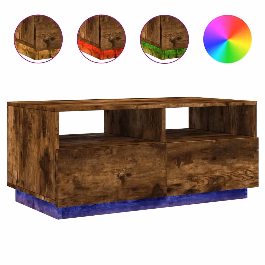 Berkfield Home Modern Coffee Table with LED Lights in Smoked Oak Brown, W/D/H: 90 x 49 x 40 cm – 2