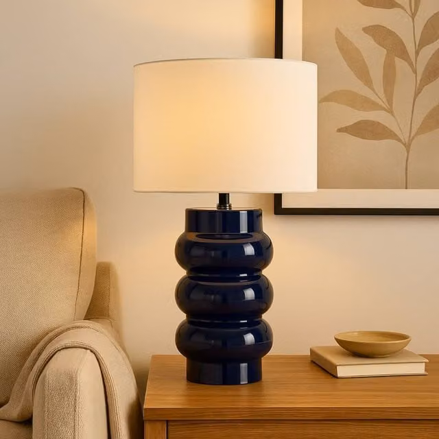 Pagazzi Zenya Blue Ceramic Table Lamp with White Fabric Shade, H 55 x W 33 x D 33 cm – 1