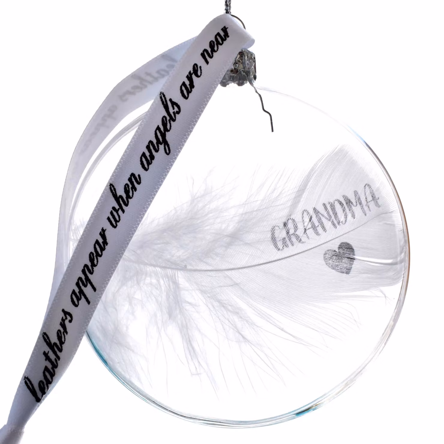 Amaya Rose Ltd In Memory of Grandma Feather Round Glass Bauble in Clear and White – 3