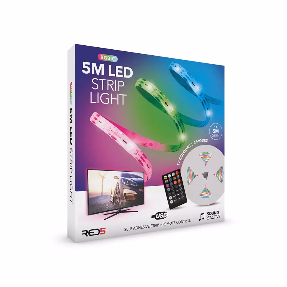 Menkind RED5 RGBIC LED Sound Reactive Strip Light with Remote Control, 5m, Multicolour – 2