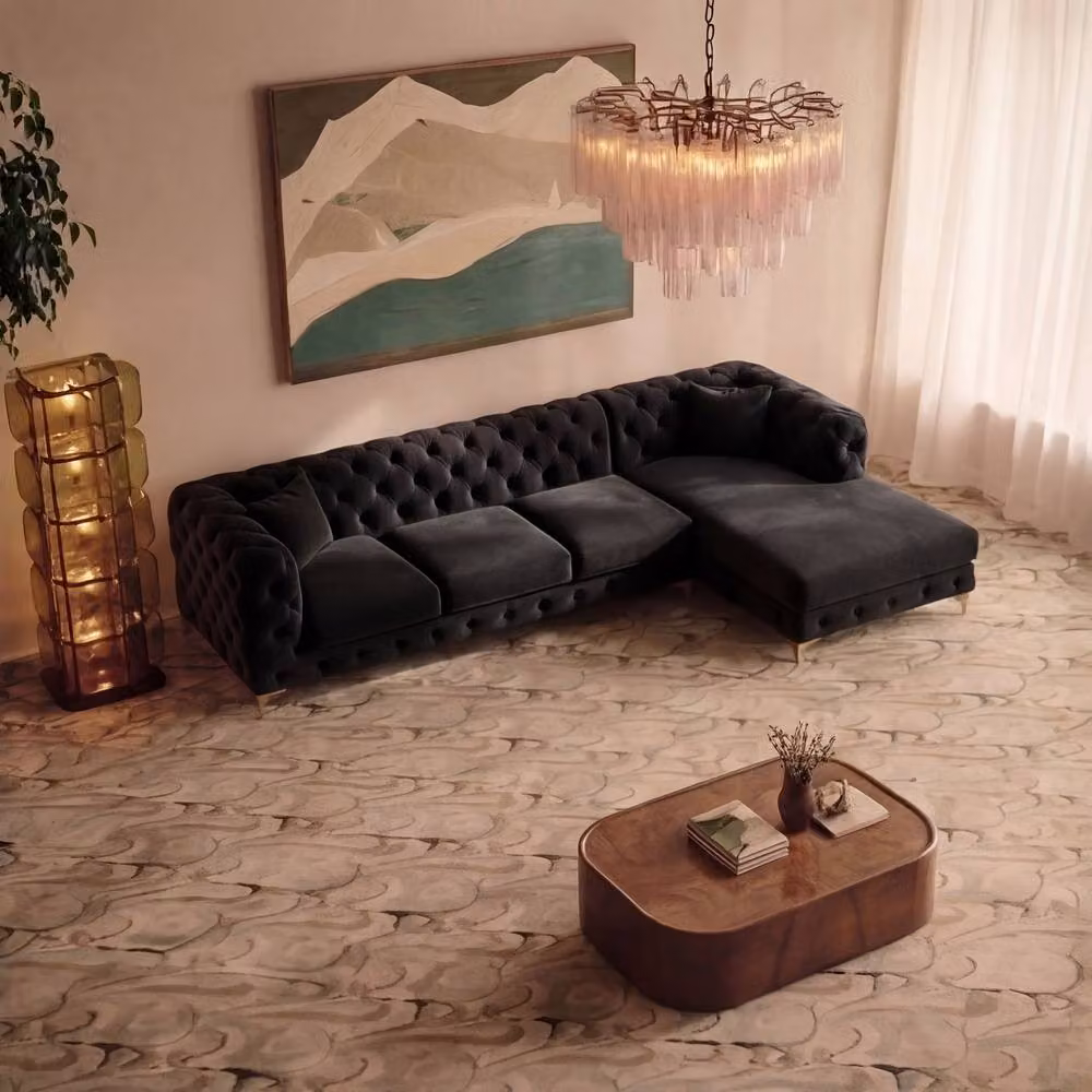 Sofaya Monaco Chesterfield 4 Seater L-Shaped Chaise Sofa in Black Velvet, Right Hand Facing – 2