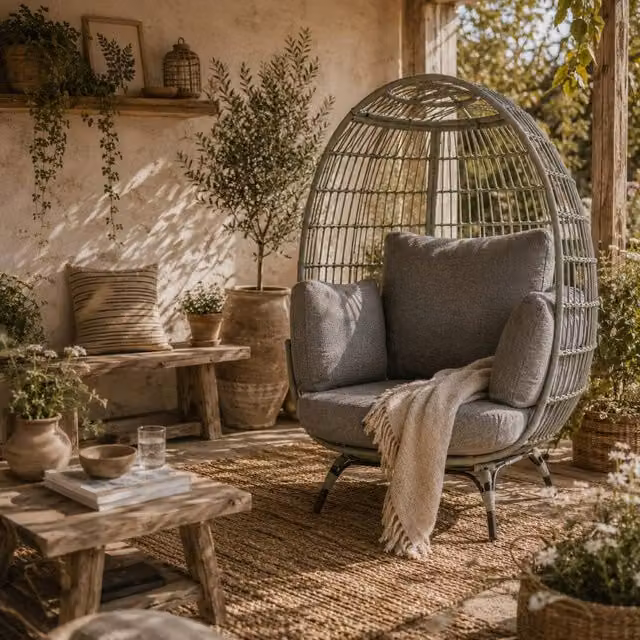 Wyld Haus Tomova Charcoal Grey PE Rattan Egg Chair Cushions and Matching Pillows