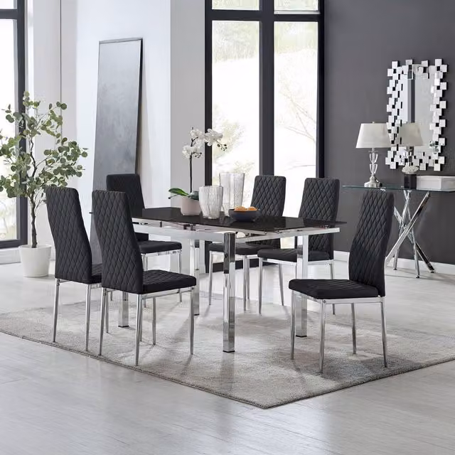 Furniturebox Enna Black Glass Extending Modern Kitchen Dining Table and 6 Milan Chairs