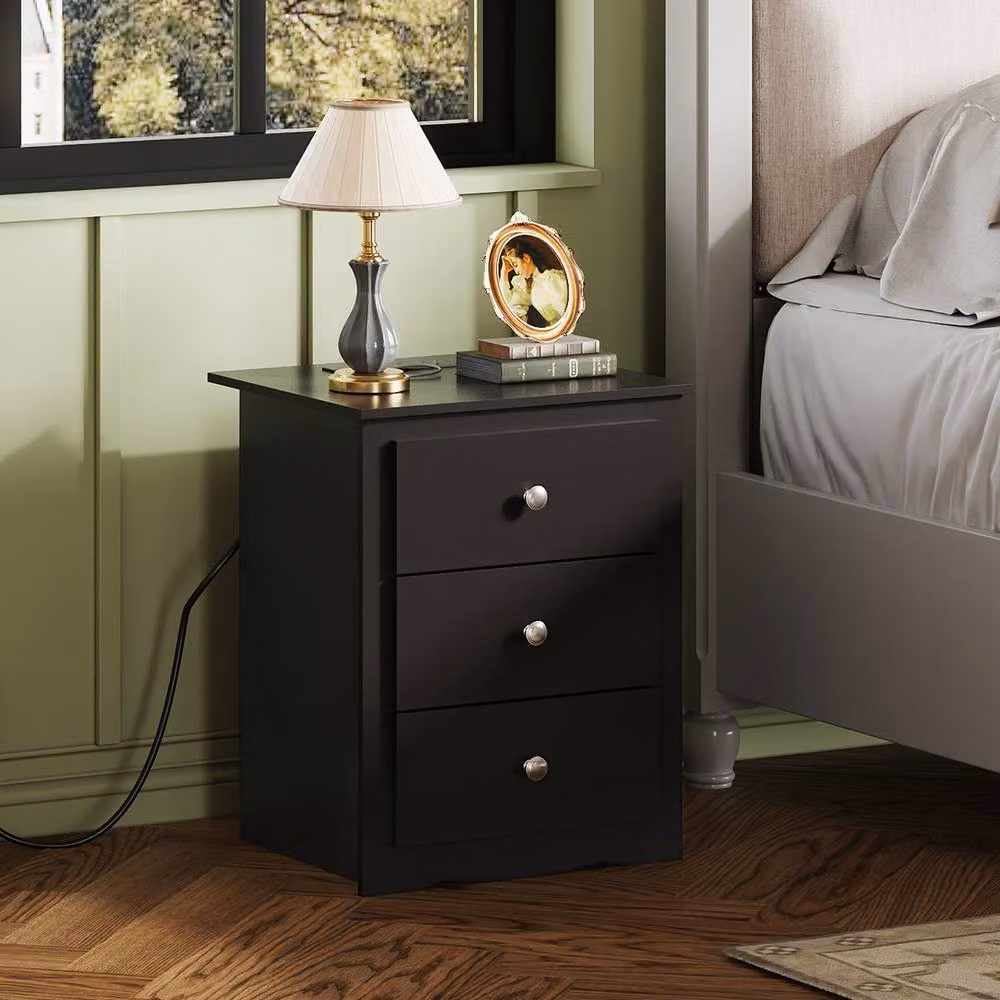 Rolipo 3-Drawer Wooden Bedside Table with Charging Station in Black – 5