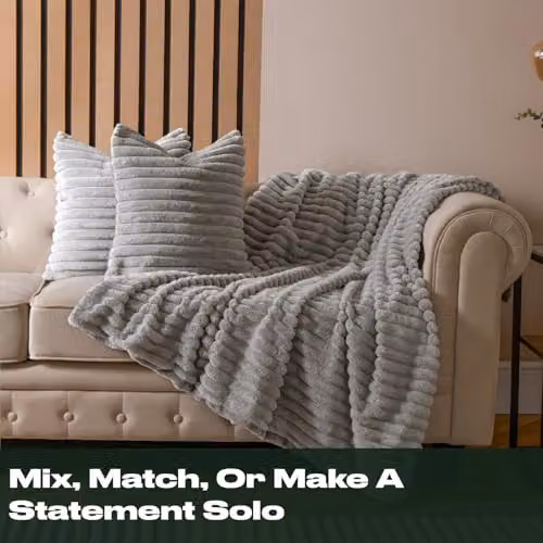 OHS Pack of 2 Grey Faux Fur Ribbed Square Cushion Covers, 45 x 45 cm – 2