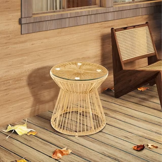 Outsunny Round Boho Rattan Outdoor Coffee Table with Glass Top in Beige