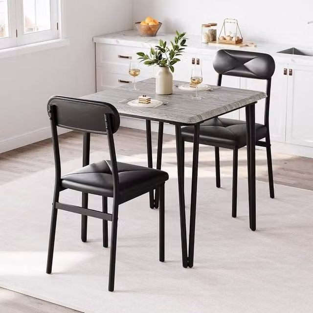 London Boutique 3 Piece Dining Set with Square Kitchen Table and 2 Grey Upholstered Chairs – 1